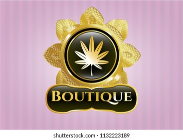  Gold emblem with marijuana leaf, weed icon and Boutique text inside
