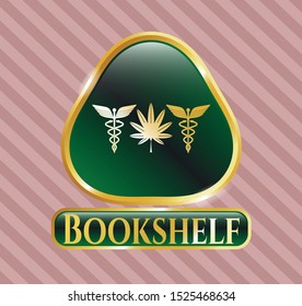  Gold emblem with medicinal weed icon and Bookshelf text inside