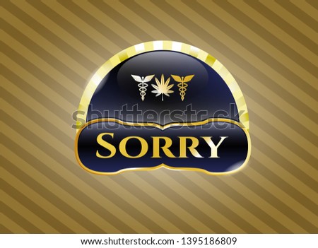  Gold emblem with medicinal weed icon and Sorry text inside