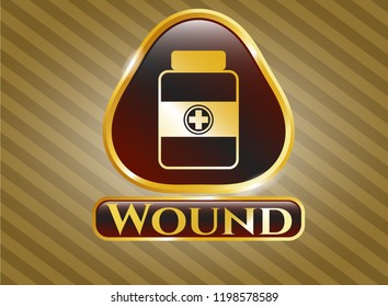  Gold emblem with medicine bottle icon and Wound text inside
