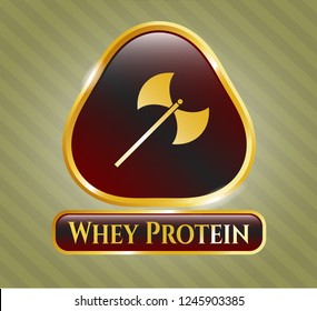  Gold emblem with medieval axe icon and Whey Protein text inside