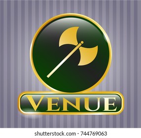  Gold emblem with medieval axe icon and Venue text inside