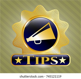  Gold emblem with megaphone icon and Tips text inside