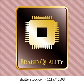  Gold emblem with microchip, microprocessor icon and Brand Quality text inside