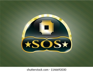  Gold emblem with microchip, microprocessor icon and SOS text inside