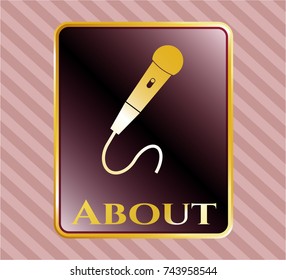  Gold emblem with microphone icon and About text inside