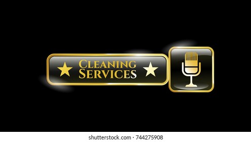  Gold emblem with microphone icon and Cleaning Services text inside