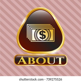  Gold emblem with money icon and About text inside