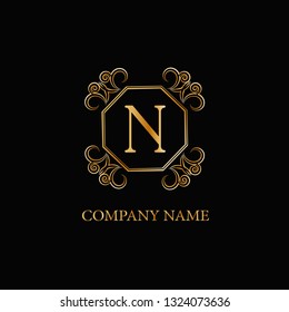 Gold emblem for monogram design, sophisticated template. Simple logo design for letter N for royalty, business card, boutique, hotel, heraldic, web design. Vector illustration
