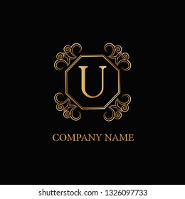 Gold emblem for monogram design, sophisticated template. Simple logo design for letter U for royalty, business card, boutique, hotel, heraldic, web design. Vector illustration