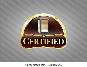   Gold emblem with note book icon and Certified text inside