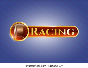   Gold emblem with note book icon and Racing text inside