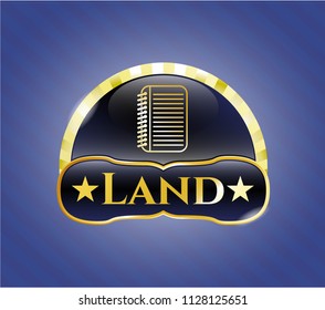  Gold emblem with note book icon and Land text inside