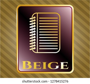  Gold emblem with note book icon and Beige text inside