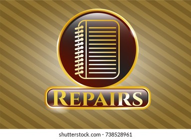  Gold emblem with note book icon and Repairs text inside