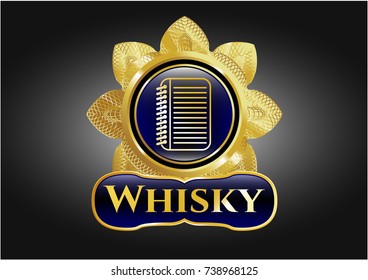  Gold emblem with note book icon and Whisky text inside