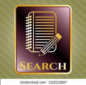  Gold emblem with notebook with pencil icon and Search text inside