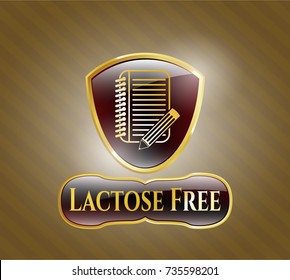  Gold emblem with notebook with pencil icon and Lactose Free text inside