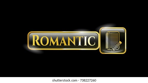  Gold emblem with notebook with pencil icon and Romantic text inside