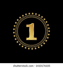 Gold emblem with number 1. 1 years anniversary with golden font. 1 years anniversary celebration simple logo. Luxury gold emblem,label,seal,sticker or tag. Can be used for celebrations, anniversari