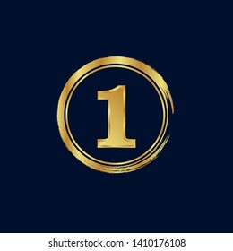 Gold emblem with number 1. 1 years anniversary with golden font. 1 years anniversary celebration simple logo. Luxury gold emblem,label,seal,sticker or tag. Can be used for celebrations, anniversari