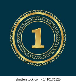 Gold emblem with number 1. 1 years anniversary with golden font. 1 years anniversary celebration simple logo. Luxury gold emblem,label,seal,sticker or tag. Can be used for celebrations, anniversari