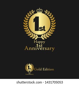 Gold emblem with number 1. 1 years anniversary with golden font. 1 years anniversary celebration simple logo. Luxury gold emblem,label,seal,sticker or tag. Can be used for celebrations, anniversari