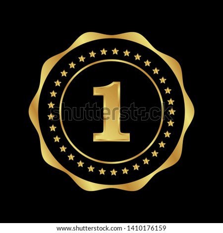 Gold emblem with number 1. 1 years anniversary with golden font. 1 years anniversary celebration simple logo. Luxury gold emblem,label,seal,sticker or tag. Can be used for celebrations, anniversari