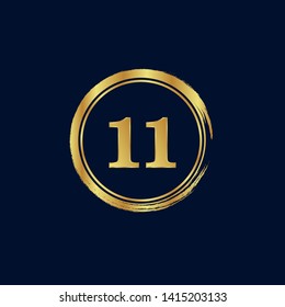 Gold emblem with number 11. 11 years anniversary with golden font. 11 years anniversary celebration simple logo. Luxury gold emblem,label,seal,sticker or tag. Can be used for celebrations, anniversari