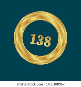 Gold emblem with number 138. 138 years anniversary with golden font. 138 years anniversary celebration simple logo. Luxury gold emblem,label,seal,sticker or tag. 