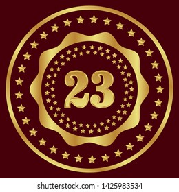 Gold emblem with number 23. 23 years anniversary with golden font. 23 years anniversary celebration simple logo. Luxury gold emblem,label,seal,sticker or tag. 
