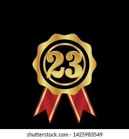 Gold emblem with number 23. 23 years anniversary with golden font. 23 years anniversary celebration simple logo. Luxury gold emblem,label,seal,sticker or tag. 