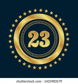 Gold emblem with number 23. 23 years anniversary with golden font. 23 years anniversary celebration simple logo. Luxury gold emblem,label,seal,sticker or tag. 