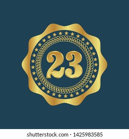 Gold emblem with number 23. 23 years anniversary with golden font. 23 years anniversary celebration simple logo. Luxury gold emblem,label,seal,sticker or tag. 