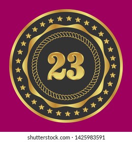 Gold emblem with number 23. 23 years anniversary with golden font. 23 years anniversary celebration simple logo. Luxury gold emblem,label,seal,sticker or tag. 