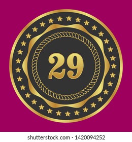 Gold emblem with number 29. 29 years anniversary with golden font. 29 years anniversary celebration simple logo. Luxury gold emblem,label,seal,sticker or tag. 