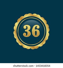 Gold emblem with number 36. years anniversary emblem with golden font. years anniversary celebration simple logo. Luxury gold emblem,label,seal,sticker or tag. Can be used for celebrations.