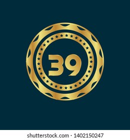 Gold emblem with number 39. 39 years anniversary with golden font. 39 years anniversary celebration simple logo. Luxury gold emblem,label,seal,sticker or tag. Can be used for celebrations, anniversari