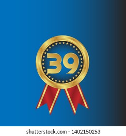 Gold emblem with number 39. 39 years anniversary with golden font. 39 years anniversary celebration simple logo. Luxury gold emblem,label,seal,sticker or tag. Can be used for celebrations, anniversari