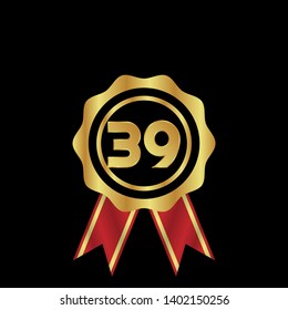 Gold emblem with number 39. 39 years anniversary with golden font. 39 years anniversary celebration simple logo. Luxury gold emblem,label,seal,sticker or tag. Can be used for celebrations, anniversari