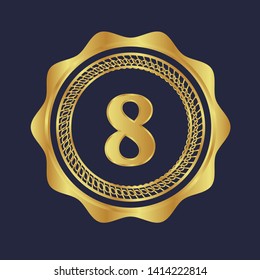 Gold emblem with number 8. 8 years anniversary with golden font. 8 years anniversary celebration simple logo. Luxury gold emblem,label,seal,sticker or tag. Can be used for celebrations, anniversari