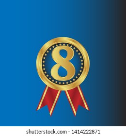 Gold emblem with number 8. 8 years anniversary with golden font. 8 years anniversary celebration simple logo. Luxury gold emblem,label,seal,sticker or tag. Can be used for celebrations, anniversari