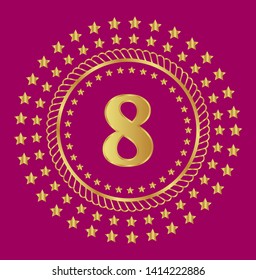 Gold emblem with number 8. 8 years anniversary with golden font. 8 years anniversary celebration simple logo. Luxury gold emblem,label,seal,sticker or tag. Can be used for celebrations, anniversari