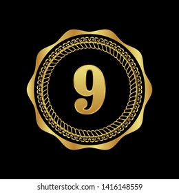 Gold emblem with number 9. 9 years anniversary with golden font. 9 years anniversary celebration simple logo. Luxury gold emblem,label,seal,sticker or tag. Can be used for celebrations, anniversari
