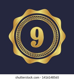 Gold emblem with number 9. 9 years anniversary with golden font. 9 years anniversary celebration simple logo. Luxury gold emblem,label,seal,sticker or tag. Can be used for celebrations, anniversari