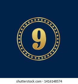 Gold emblem with number 9. 9 years anniversary with golden font. 9 years anniversary celebration simple logo. Luxury gold emblem,label,seal,sticker or tag. Can be used for celebrations, anniversari