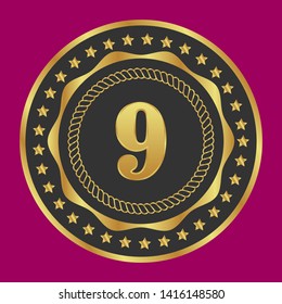 Gold emblem with number 9. 9 years anniversary with golden font. 9 years anniversary celebration simple logo. Luxury gold emblem,label,seal,sticker or tag. Can be used for celebrations, anniversari