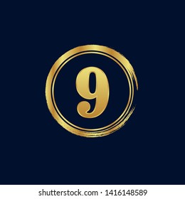 Gold emblem with number 9. 9 years anniversary with golden font. 9 years anniversary celebration simple logo. Luxury gold emblem,label,seal,sticker or tag. Can be used for celebrations, anniversari