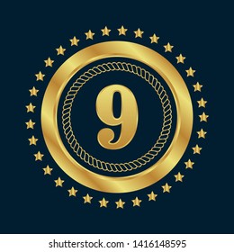 Gold emblem with number 9. 9 years anniversary with golden font. 9 years anniversary celebration simple logo. Luxury gold emblem,label,seal,sticker or tag. Can be used for celebrations, anniversari