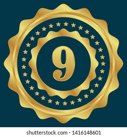 Gold emblem with number 9. 9 years anniversary with golden font. 9 years anniversary celebration simple logo. Luxury gold emblem,label,seal,sticker or tag. Can be used for celebrations, anniversari